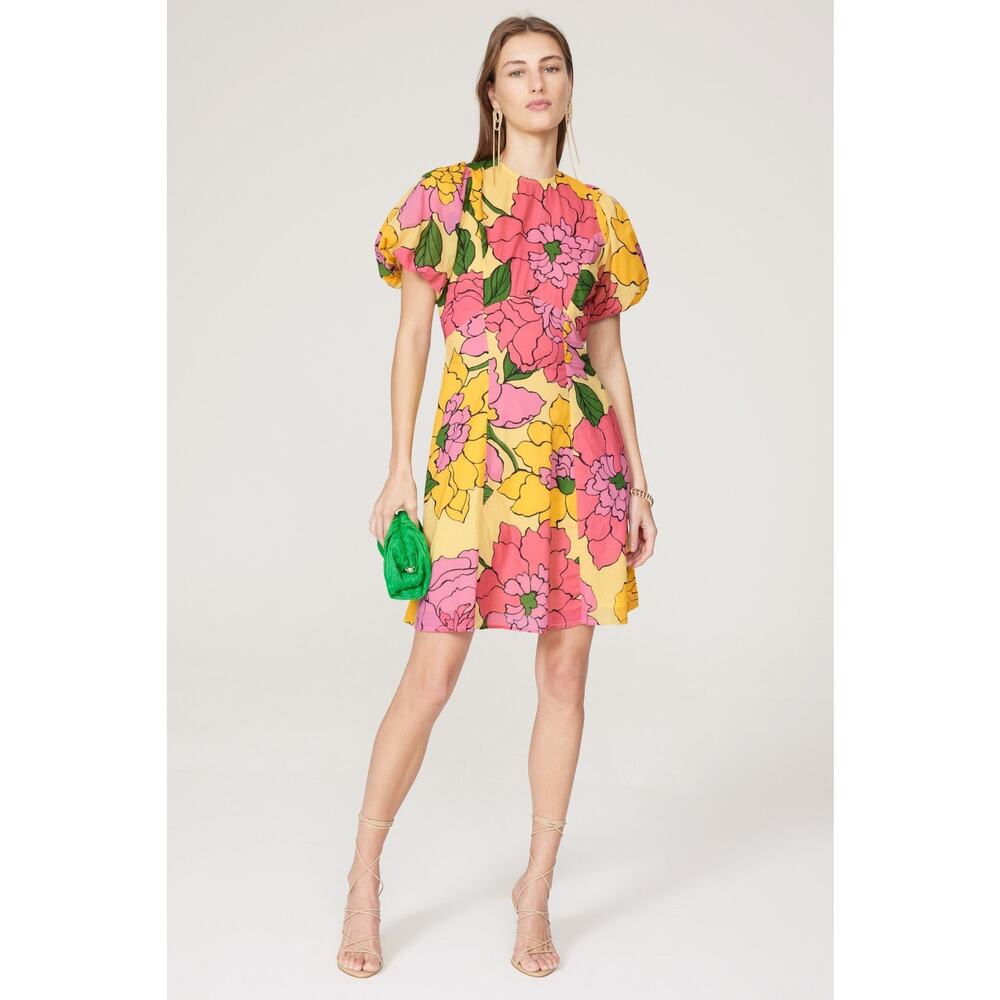 BANJANAN Yellow Pink Bright Florals Puff Sleeves Mini Gracia Dress Size 8